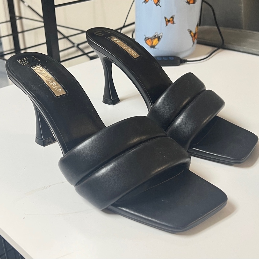 Black Faux Leather Slip On Mule Heels with Cushion Strap | Size 9 | BRAND NEW